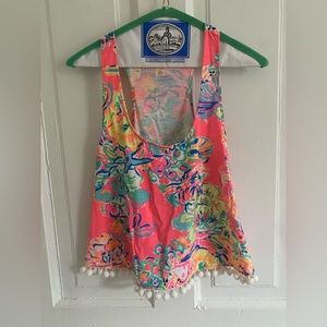 Lilly Pulitzer pink floral crop tank with pom poms